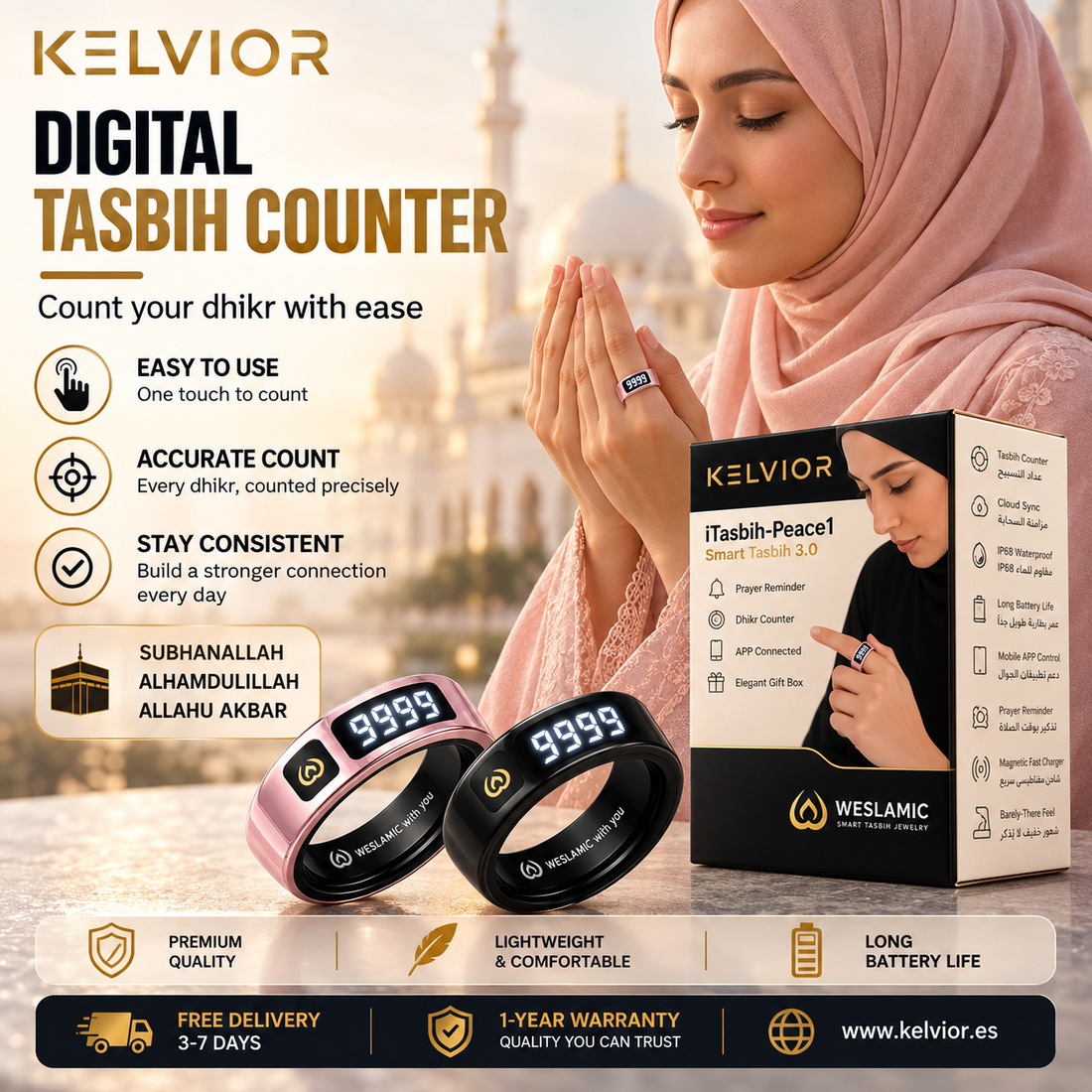 KELVIOR Smart Zikr Ring showing a digital dhikr count on its LED display