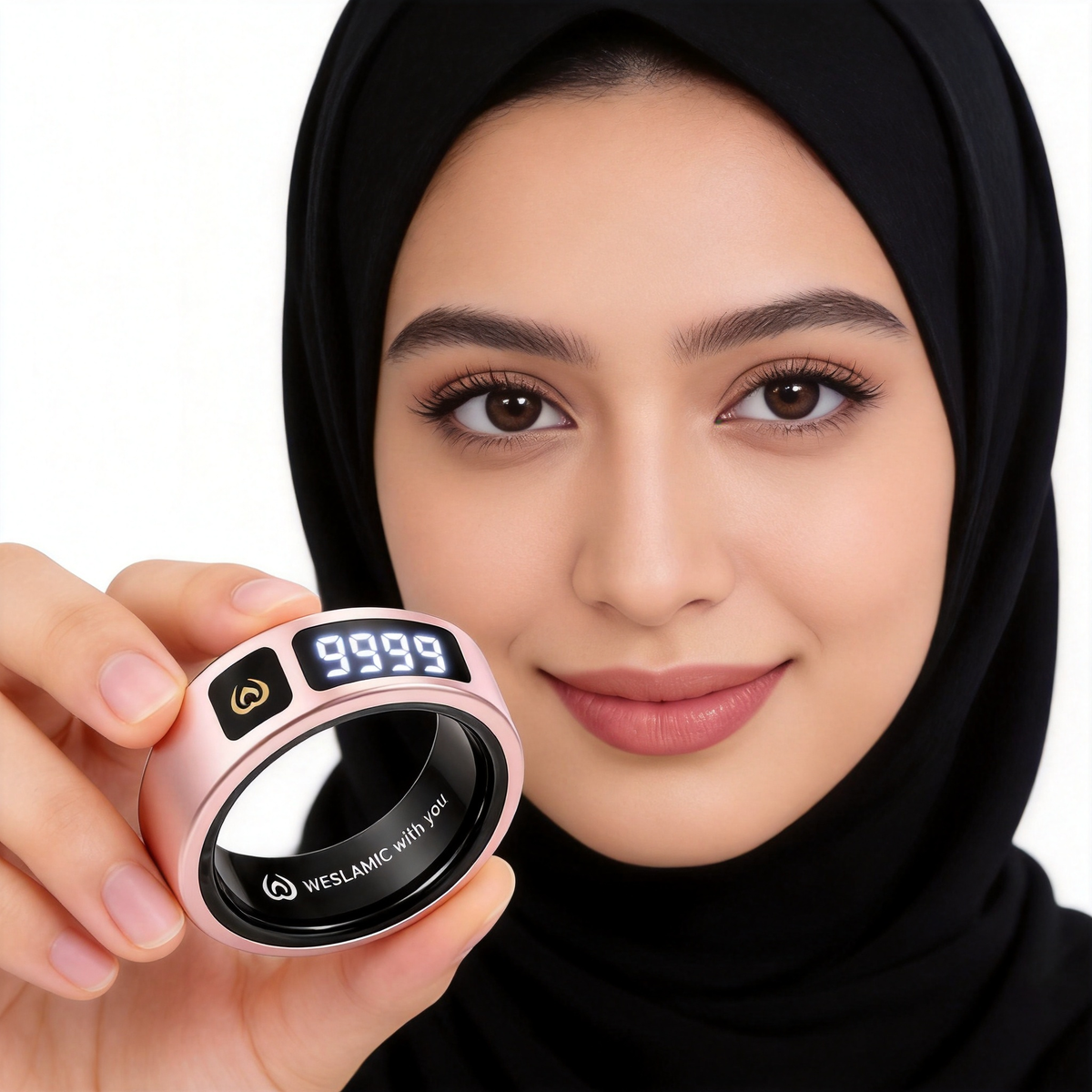 Rose-gold KELVIOR Smart Zikr Ring presented as a practical Islamic gift